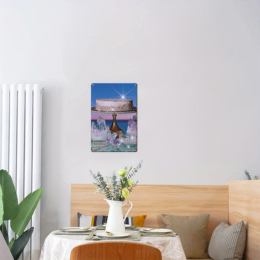 Crystal Cake Tin Painting - Glimmering Dessert on Wooden Pedestal Art