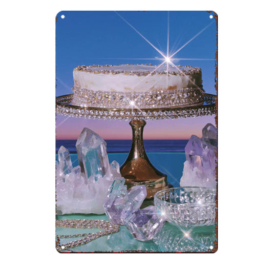 Crystal Cake Tin Painting - Glimmering Dessert on Wooden Pedestal Art