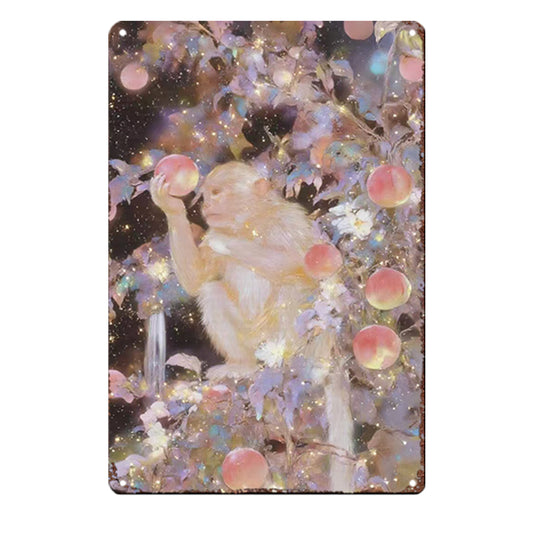 Celestial Primate's Bounty Tin Painting: Luminous Peach Tree Art