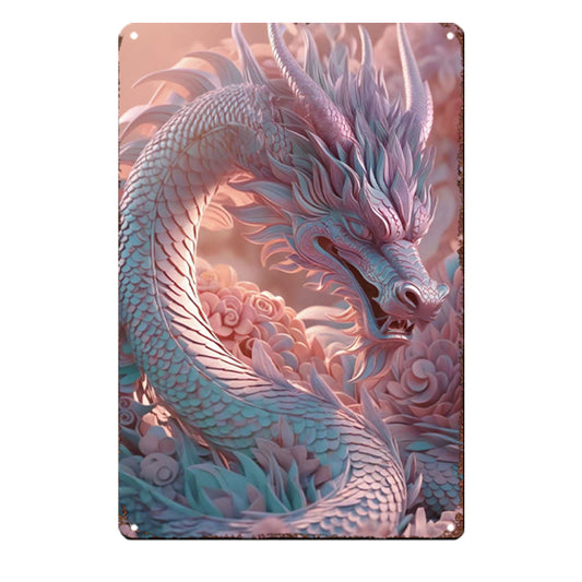 Rose Quartz Dragon Tin Painting: Feng Shui Art for Love & Inner Peace