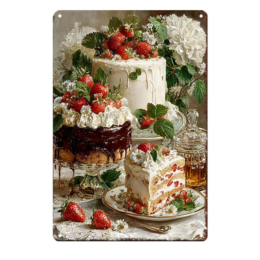 Strawberry Cake Tin Painting - Realistic Oil Style Art with White Flowers