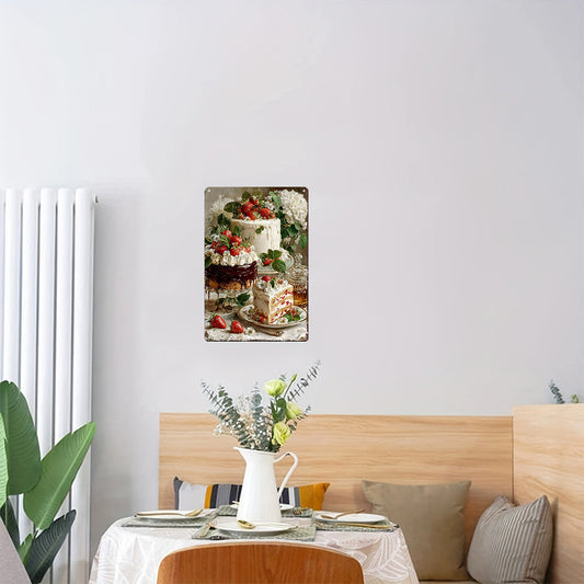 Strawberry Cake Tin Painting - Realistic Oil Style Art with White Flowers