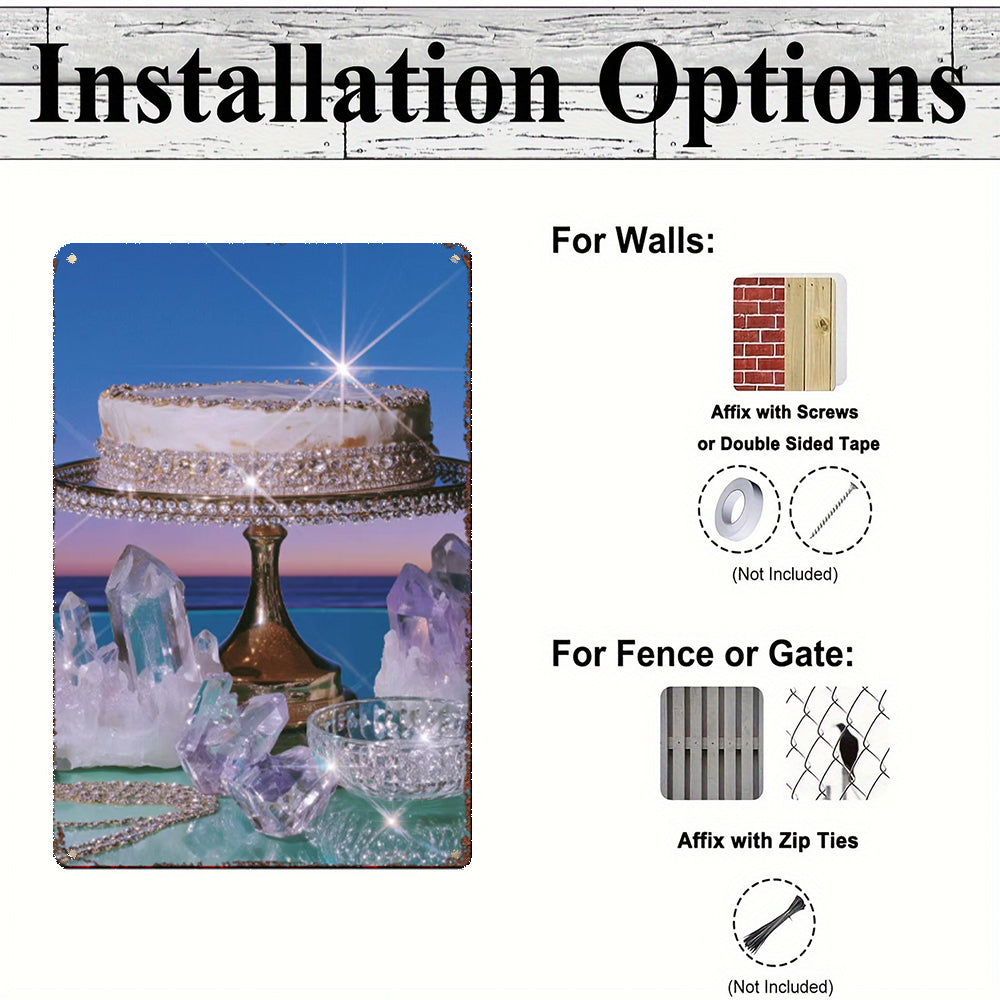 Crystal Cake Tin Painting - Glimmering Dessert on Wooden Pedestal Art