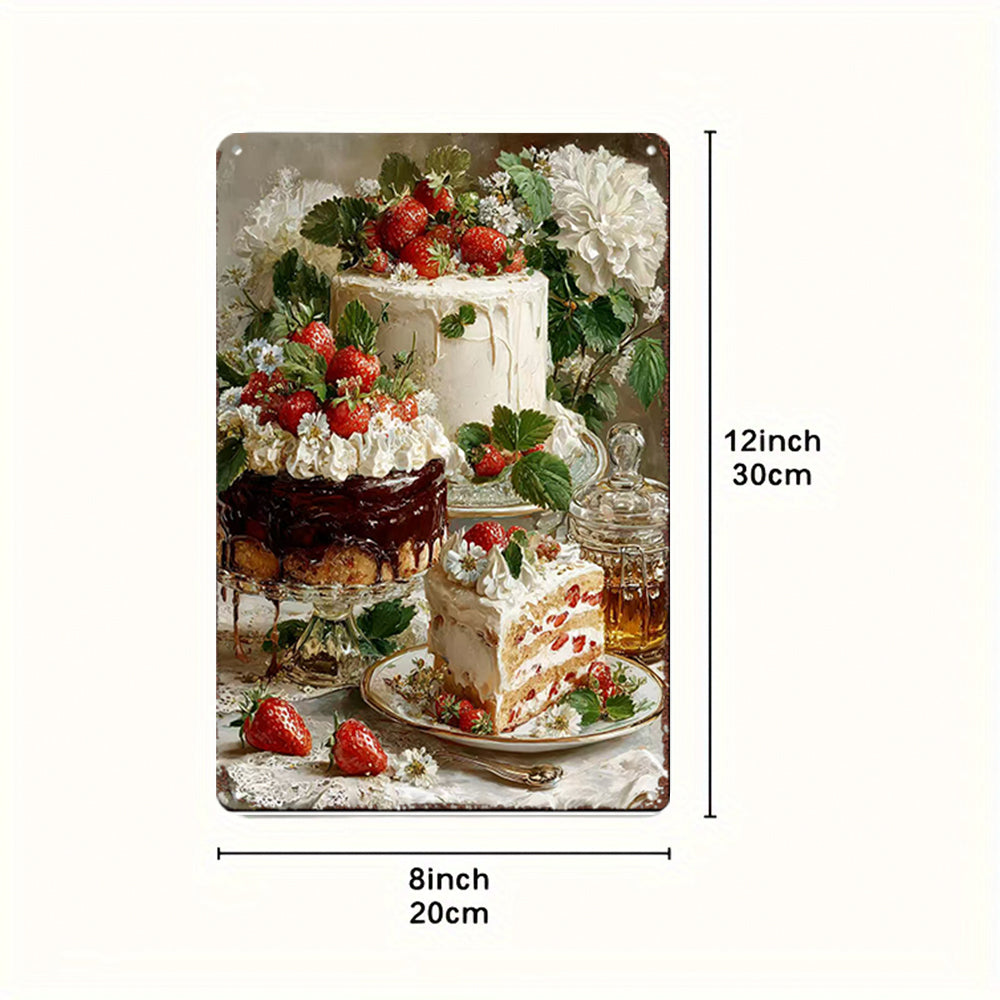 Strawberry Cake Tin Painting - Realistic Oil Style Art with White Flowers