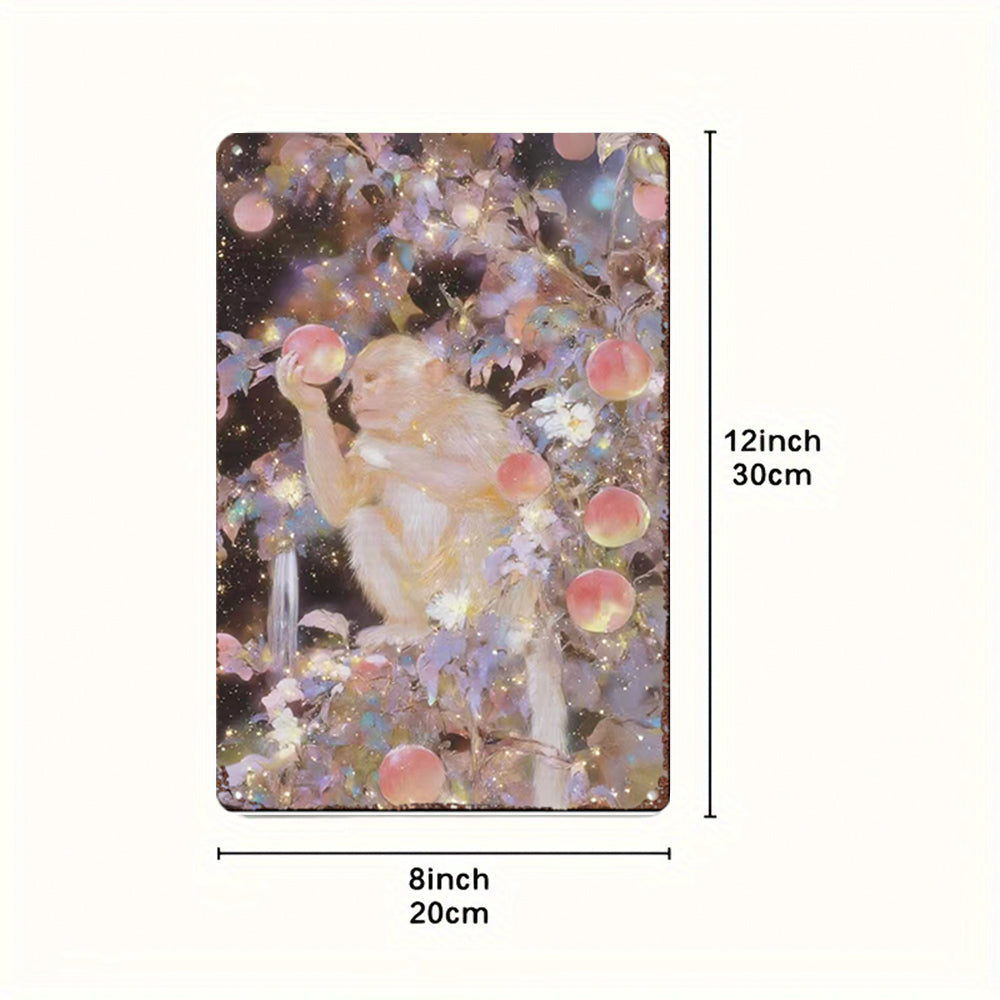 Celestial Primate's Bounty Tin Painting: Luminous Peach Tree Art