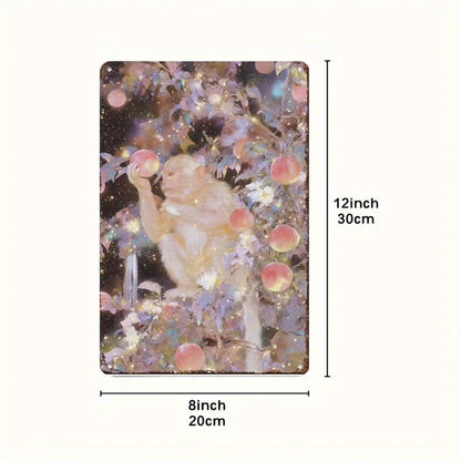 Celestial Primate's Bounty Tin Painting: Luminous Peach Tree Art