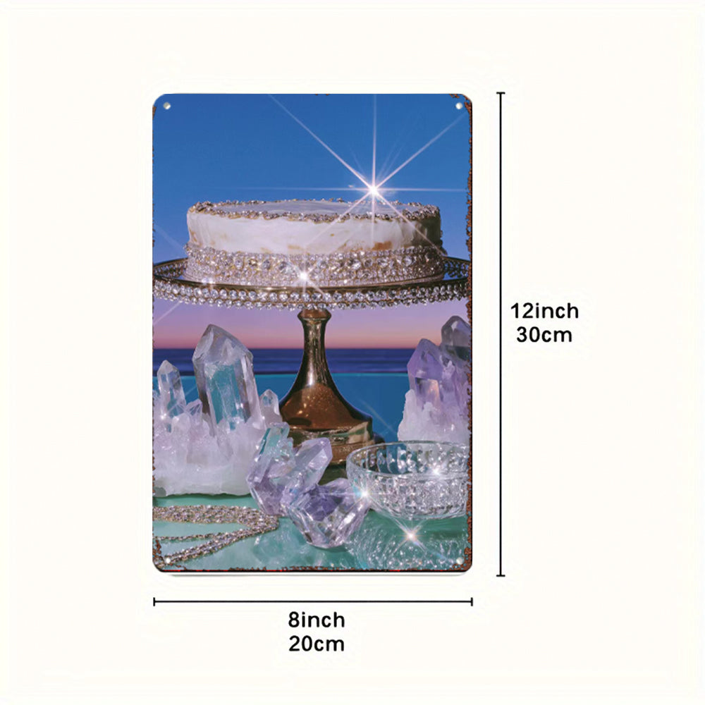Crystal Cake Tin Painting - Glimmering Dessert on Wooden Pedestal Art