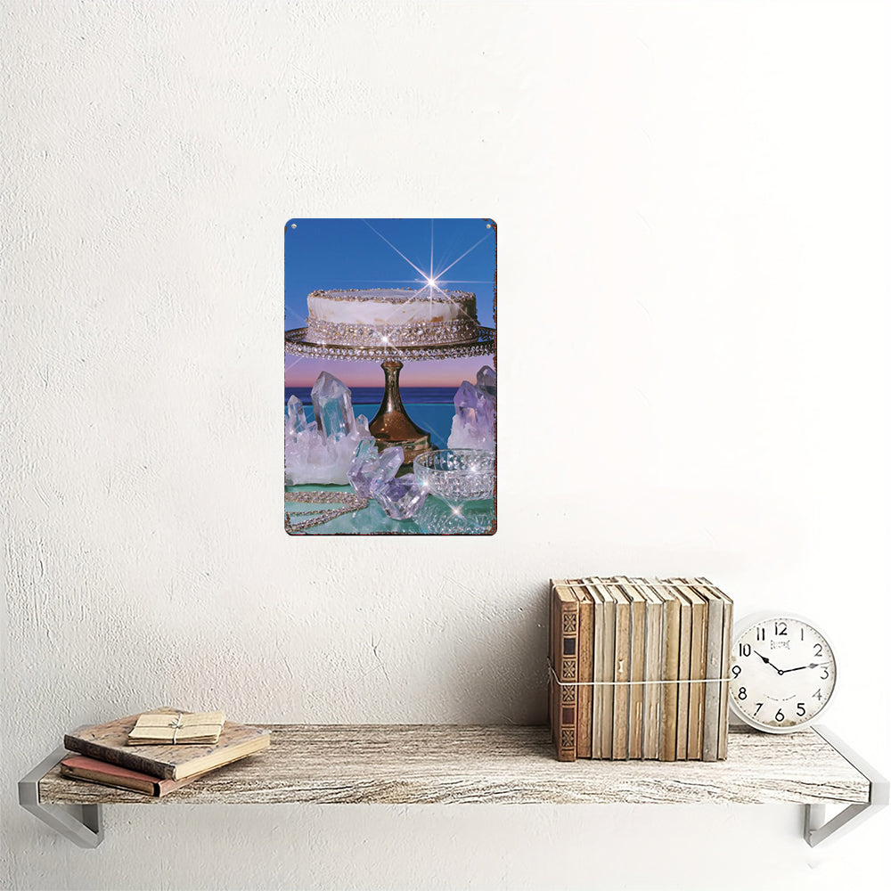 Crystal Cake Tin Painting - Glimmering Dessert on Wooden Pedestal Art
