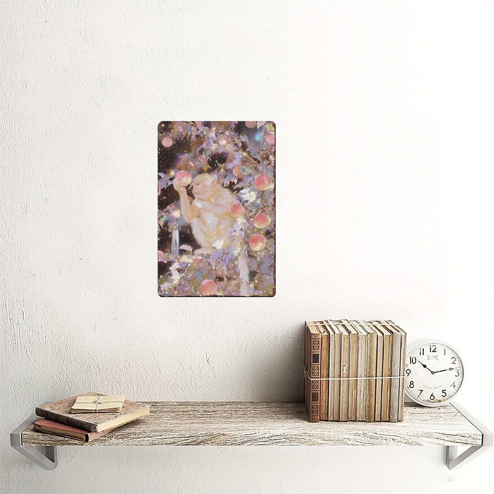 Celestial Primate's Bounty Tin Painting: Luminous Peach Tree Art