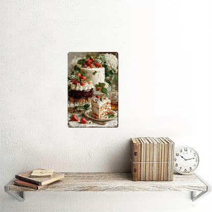 Strawberry Cake Tin Painting - Realistic Oil Style Art with White Flowers